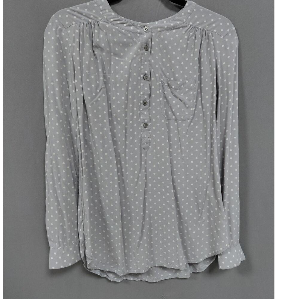 LOFT Polka Dot Blouse Gray Woven Long Sleeve Women Size S